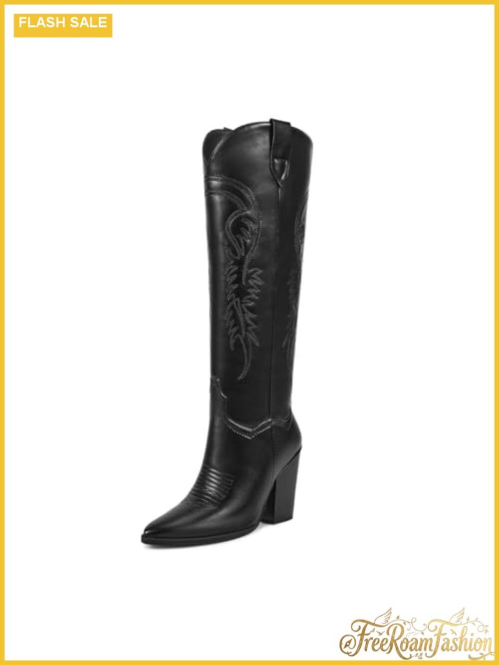 Knee High Cowboy Boots Pointed Toe Block Heel Faux Leather Western